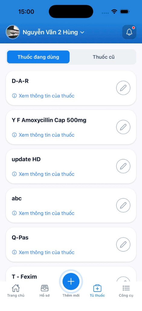 Màn hình tủ thuốc TwinU — danh sách thuốc đang dùng