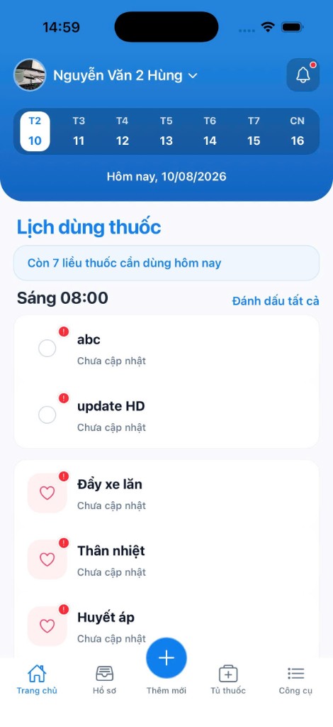 Màn hình Trang chủ TwinU — lịch dùng thuốc theo ngày
