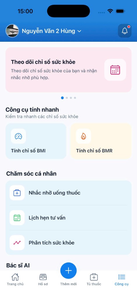 Màn hình công cụ TwinU — BMI, BMR và chăm sóc cá nhân